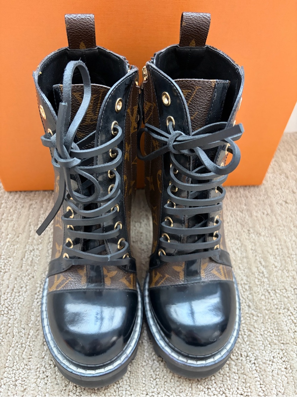 Louis Vuitton Brown & Black Monogram Platform Lace-Up Ankle Boots - Picture 3 of 13